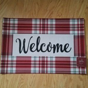 Welcome Doormat Plaid Red White Green Christmas Winter Holiday
